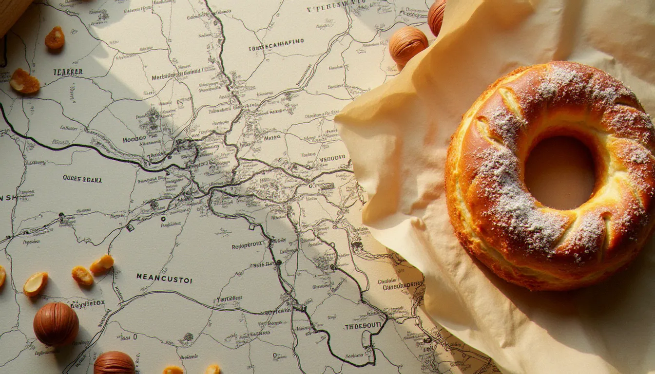 Vue de dessus d'un Paris-Brest cuit sur papier cuisson entouré de noisettes et d'éclats de praliné caramélisé, évoquant les origines cyclistes du dessert
