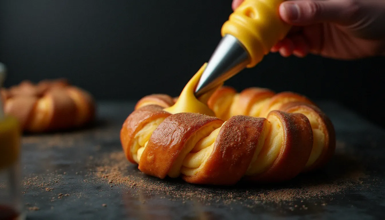 Mains d'un chef pâtissier garnissant à la poche une couronne de pâte à choux avec la crème paris brest pralinée dans une cuisine professionnelle