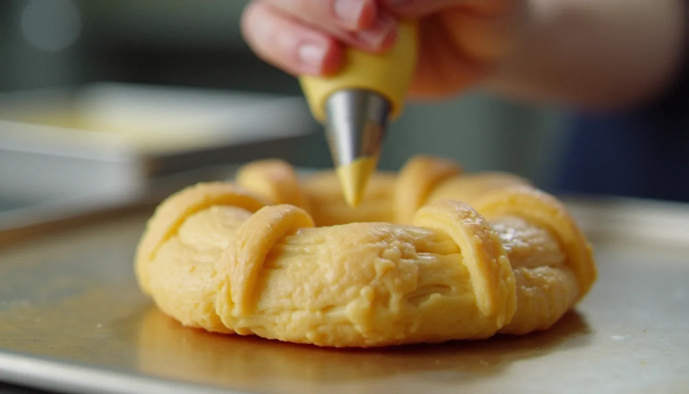 Chef pâtissier garnissant un paris brest de crème mousseline pralinée à l'aide d'une poche à douille dans une cuisine professionnelle, vue rapprochée sur le dressage