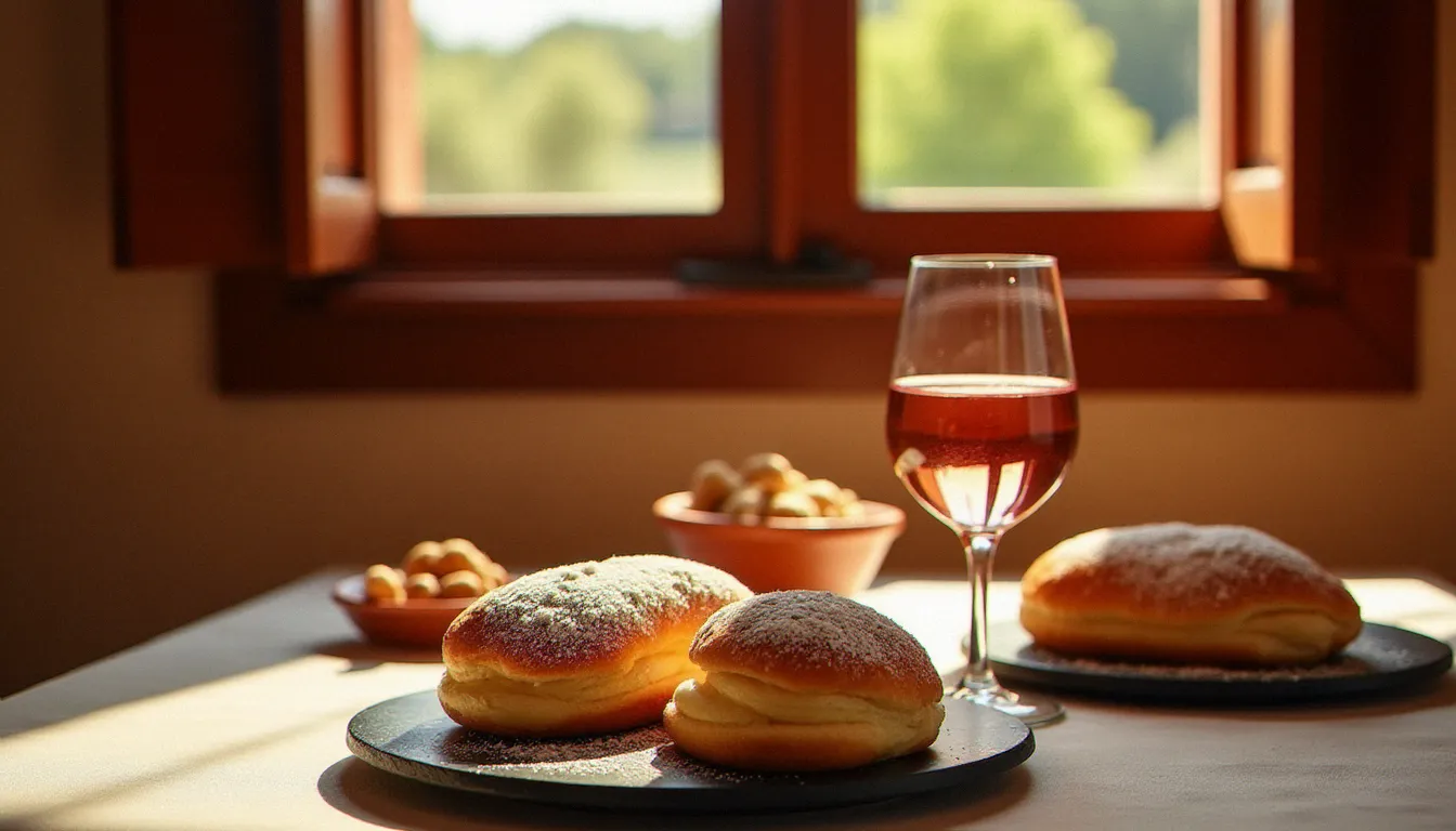 Deux paris brest individuels dressés sur ardoise noire dans un restaurant provençal, lumière chaleureuse de fin d'après-midi méditerranéen et verre de rosé en arrière-plan