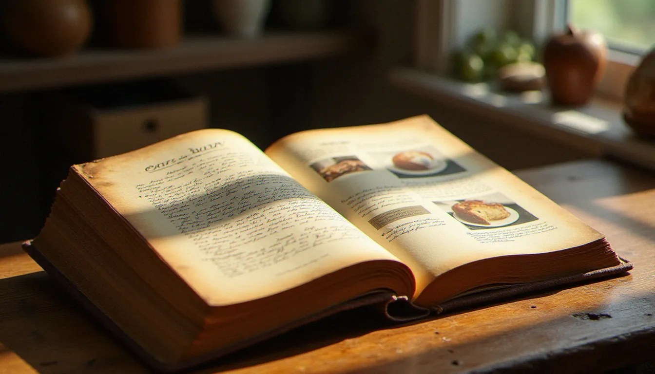 Vieux livre de pâtisserie française ouvert sur un plan de travail en bois usé, évoquant l'histoire et les origines classiques des grands entremets comme le gâteau le Trianon
