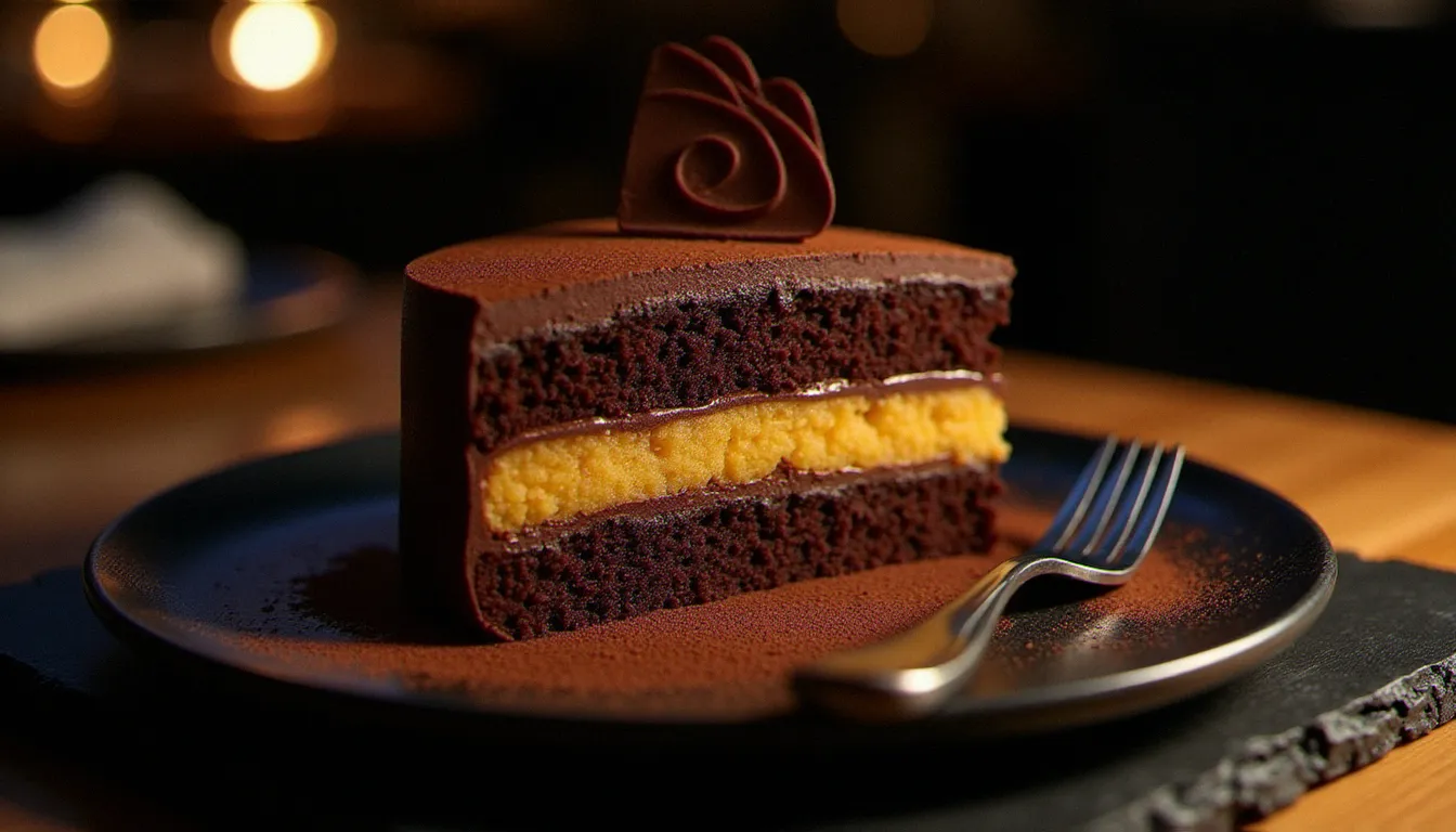 Tranche de gâteau le Trianon en coupe transversale sur une ardoise de restaurant, révélant les trois couches — dacquoise, feuilletine pralinée dorée et mousse au chocolat noir — dans une lumière d'ambiance chaleureuse