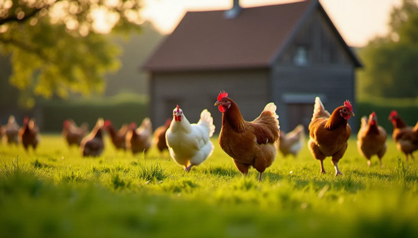 Poulets normands fermiers en plein air sur les herbages verts du Calvados au lever du soleil, représentant la qualité d'élevage du poulet de Caen
