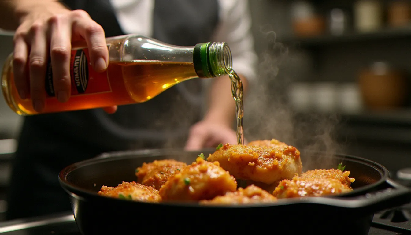 Mains d'un cuisinier déglacant une cocotte en fonte avec du cidre normand autour de morceaux de poulet dorés, technique authentique de préparation du poulet à la caennaise