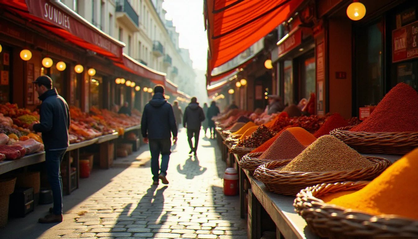 Marché animé de la Goutte d'Or à Paris avec des boucheries halal et des épiceries, des paniers d'épices colorées et des étals de fruits et légumes baignés dans la lumière du matin