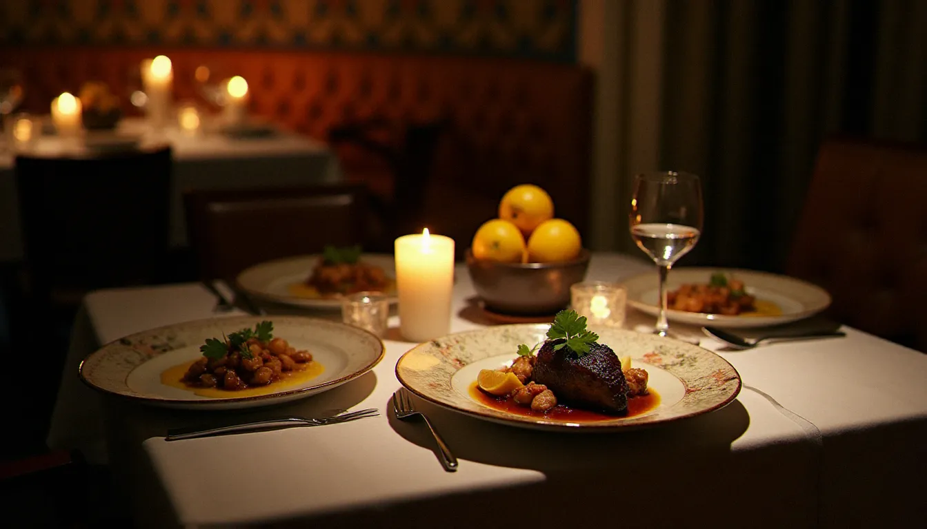 Table dressée dans un restaurant paris halal gastronomique avec des plats fusion franco-marocains élégamment présentés, tajine d'agneau confit et céramiques artisanales à la lumière des bougies