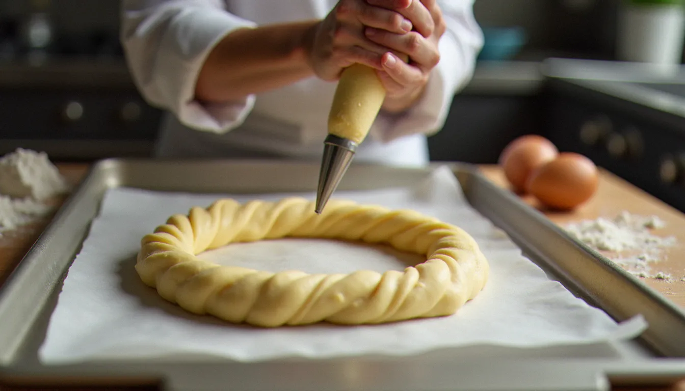 Mains de chef pochant la pâte à choux en couronne sur papier sulfurisé pour la préparation d'un Paris-Brest maison