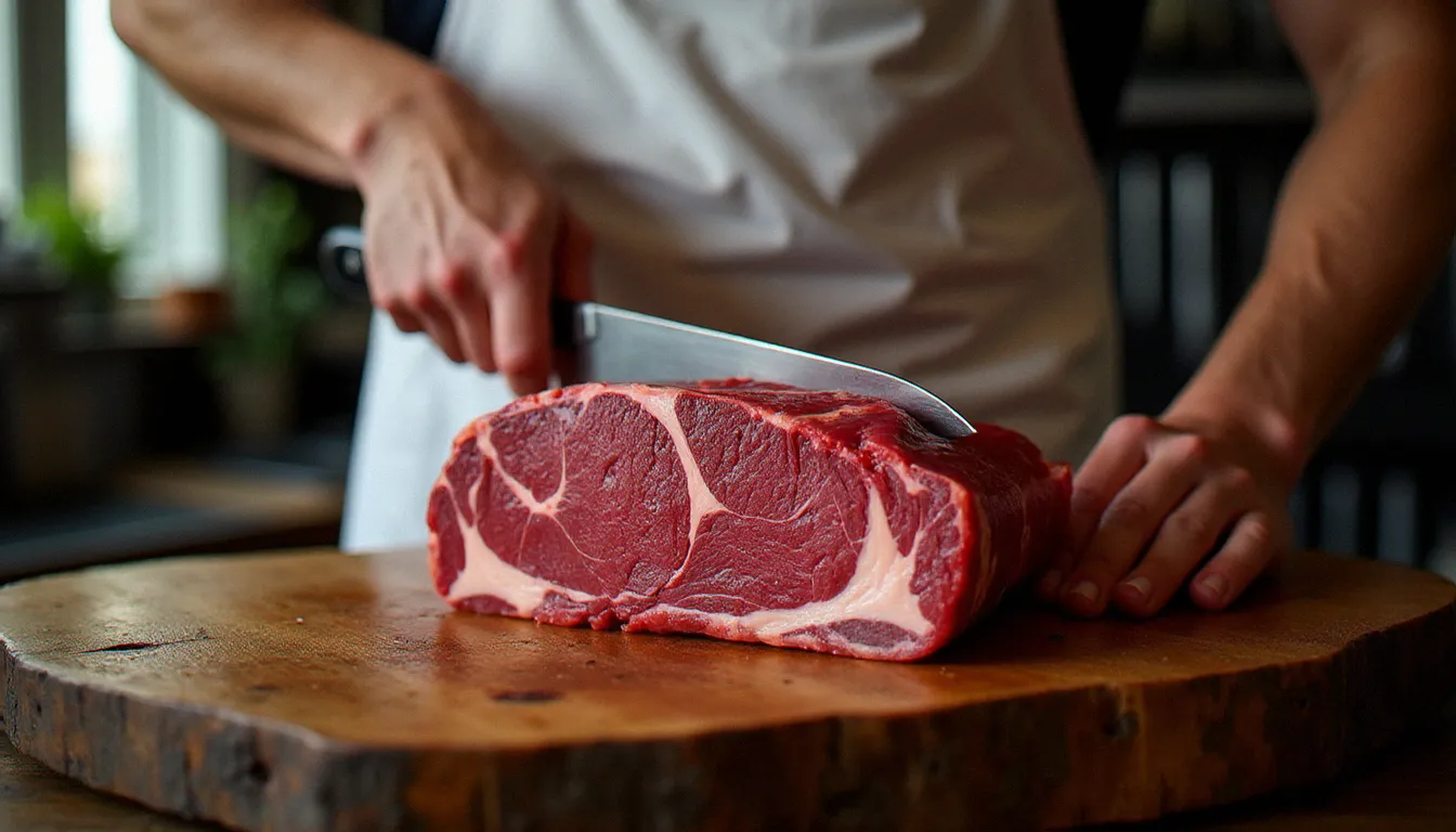 Boucher professionnel découpant une pièce de Black Angus maturée à sec sur un billot en bois, révélant le persillage caractéristique de cette race d'exception