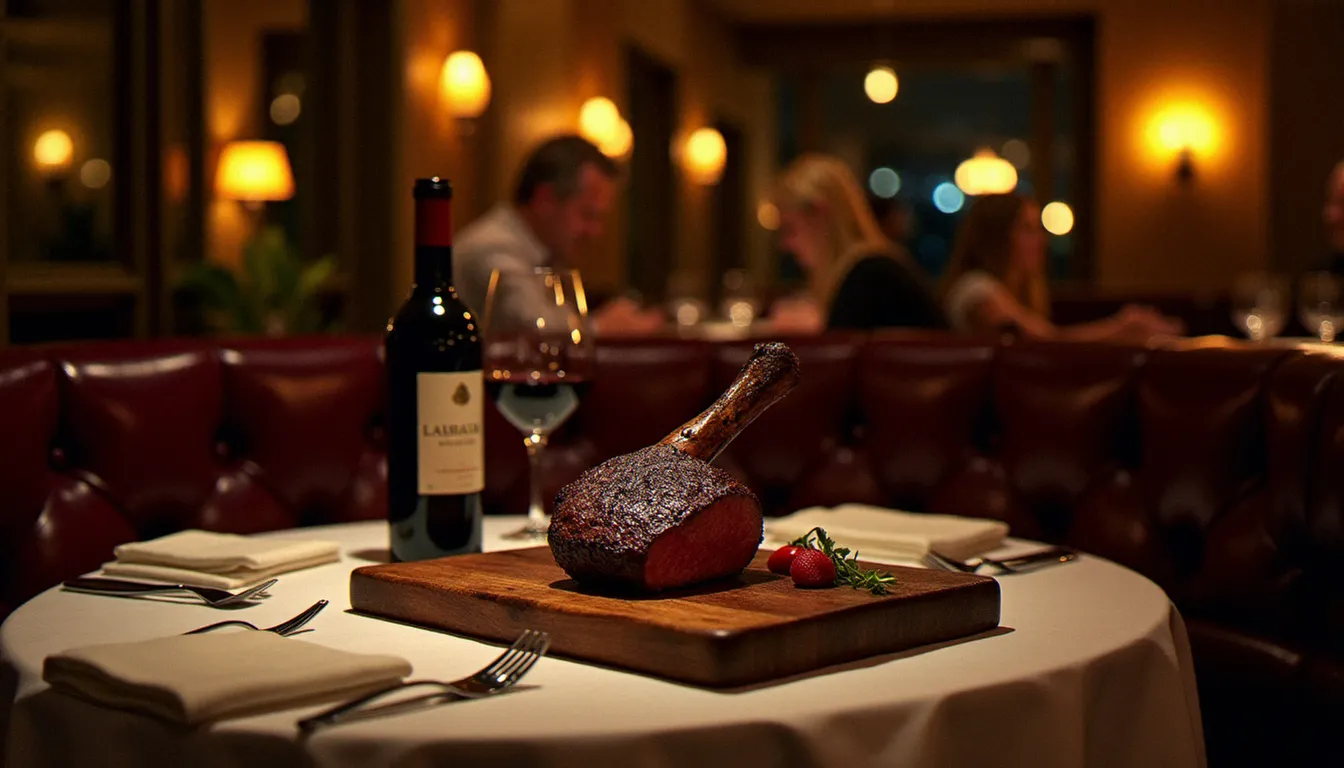 Salle de restaurant Black Angus à Paris à l'ambiance intime et chaleureuse avec un tomahawk servi sur planche en bois, illustrant l'expérience gastronomique carnivore haut de gamme dans la capitale