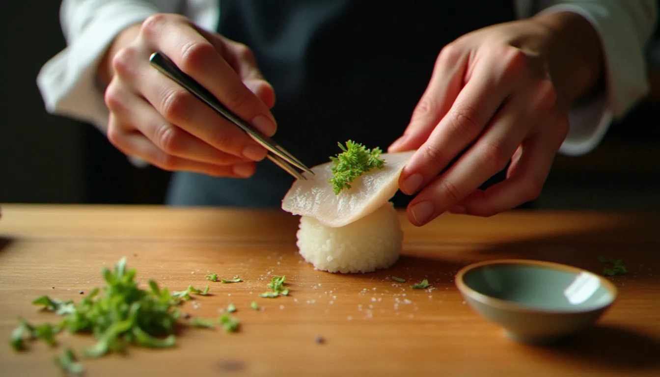 Mains d'un chef japonais en train de poser une fine tranche de poisson blanc sur un nigiri de seven sushi, avec wasabi frais et baguettes sur comptoir en bois