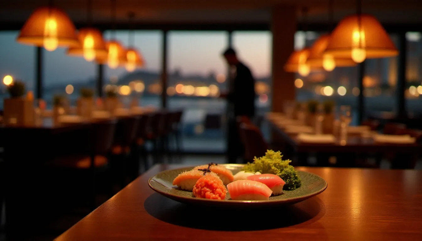 Intérieur d'un restaurant japonais-méditerranéen à Marseille au coucher du soleil, client découvrant un seven sushi sur comptoir en bois sombre avec vue sur le port en arrière-plan