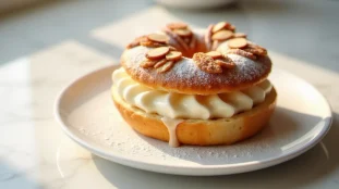 Dessert paris brest artisanal posé sur une assiette blanche, garni de crème mousseline pralinée et d'amandes effilées grillées, photographié en lumière naturelle douce