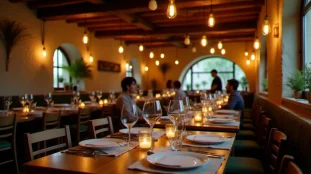 Salle chaleureuse du restaurant O Papa à Marseille, avec tables en bois et lumières ambrées lors d'un service du soir animé