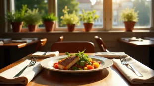 Table dressée dans un restaurant naturel du 15e arrondissement de Paris avec des légumes de saison et du poisson grillé, lumière naturelle tamisée