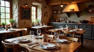 Intérieur chaleureux d'un restaurant de village pyrénéen à Laruns, tables en bois avec vaisselle régionale et ardoise du menu, lumière naturelle tamisée