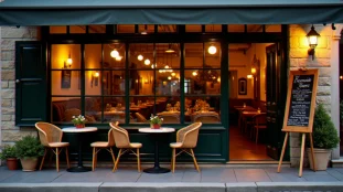 Devanture d'un restaurant proche de moi dans un quartier animé, terrasse avec tables bistrot et lumière chaleureuse en fin de journée