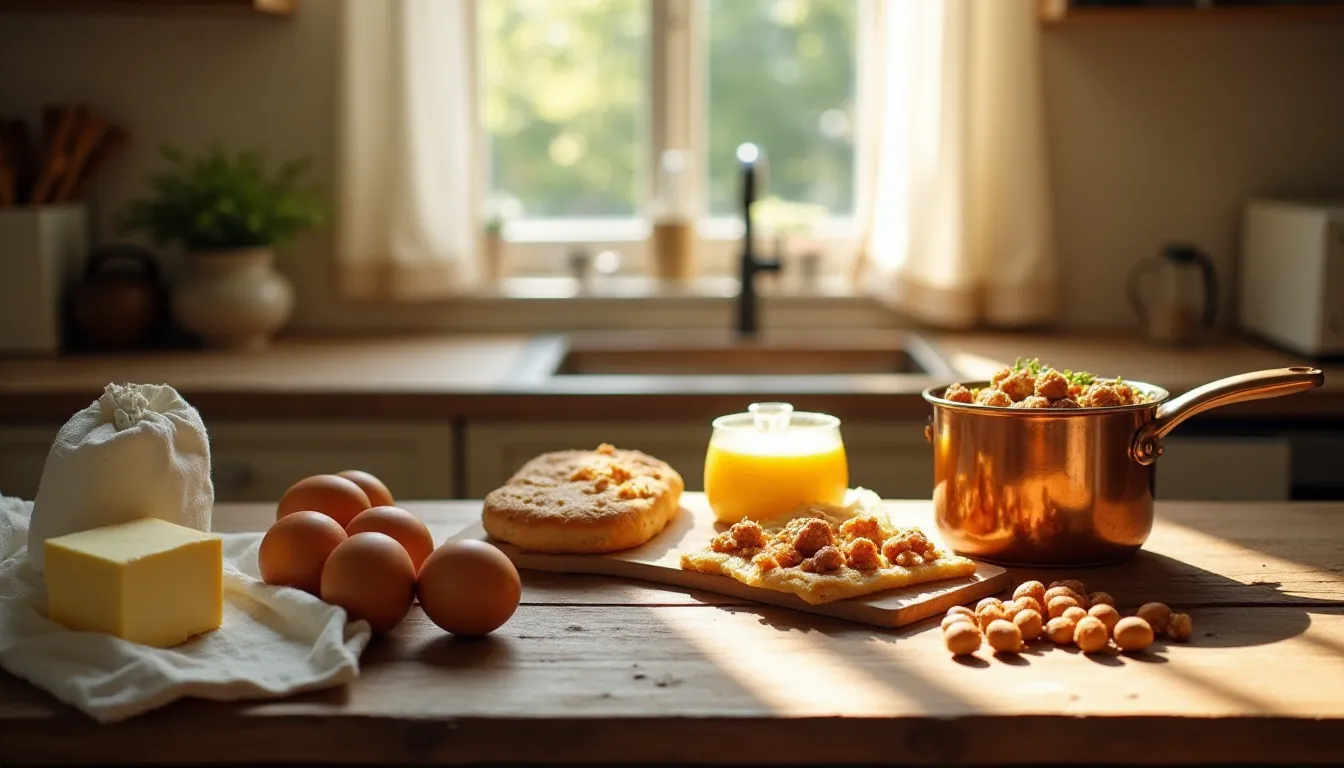 Ingrédients pour réaliser un paris brest artisanal — œufs frais, beurre, farine et noisettes entières en train de caraméliser dans une casserole en cuivre sur un plan de travail en bois