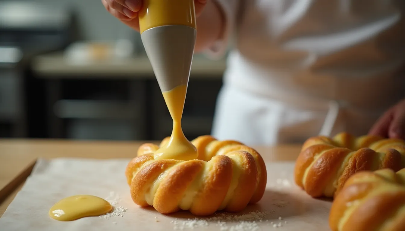 Mains d'un pâtissier en tablier blanc pochant des rosaces de crème mousseline pralinée dans une couronne de paris brest dorée, dans une cuisine professionnelle aux reflets chauds