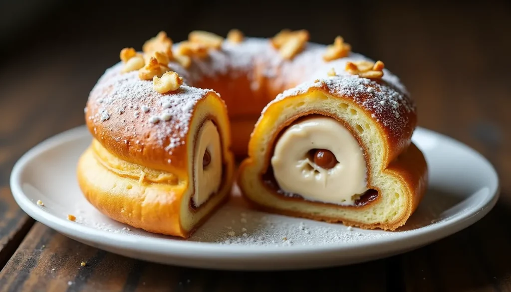 Un paris brest traditionnel en couronne sur assiette blanche, recouvert de sucre glace et d'amandes effilées grillées dorées, avec la crème mousseline pralinée généreusement visible à la coupe