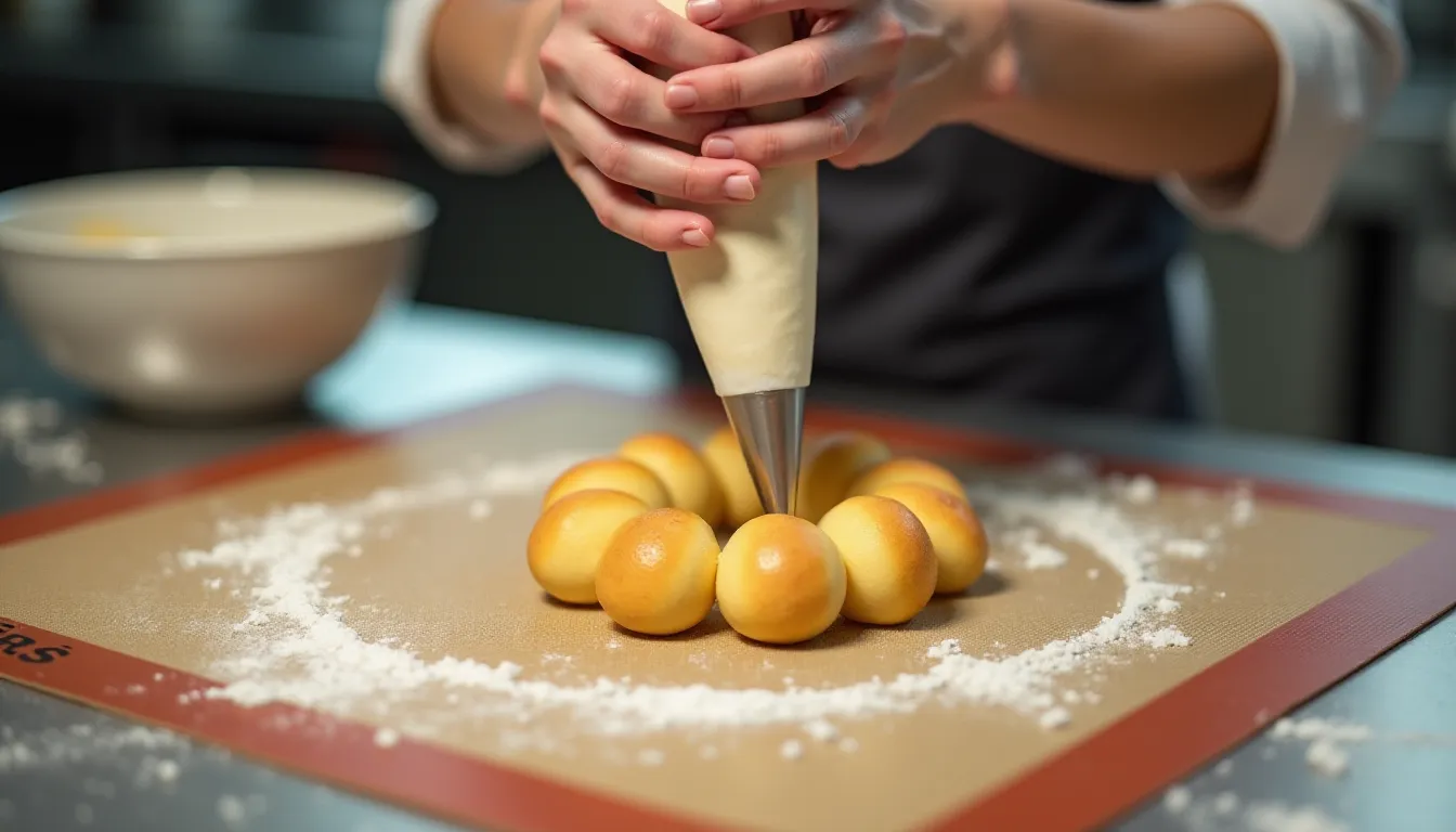 Dressage à la poche à douille de la pâte à choux en couronne pour la recette Paris-Brest, sur tapis de cuisson en cuisine professionnelle