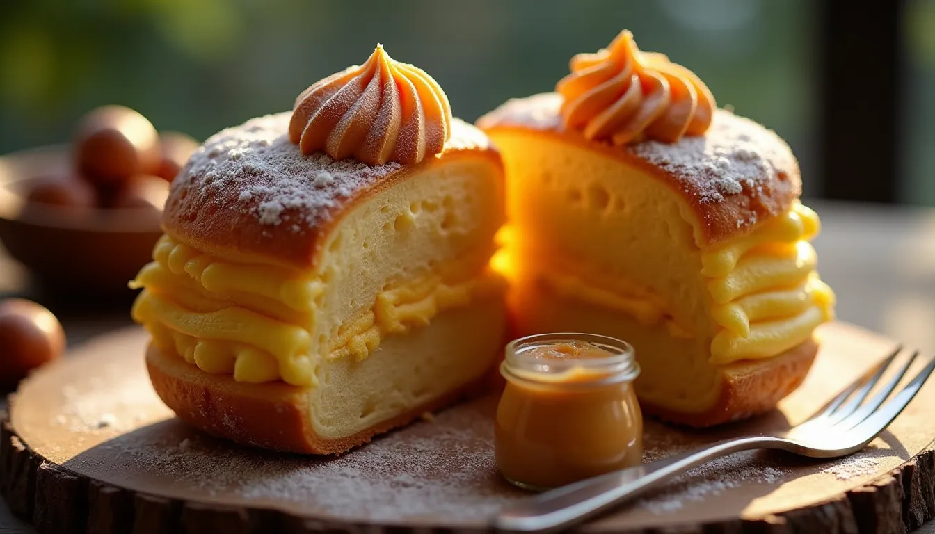 Paris-Brest ouvert révélant la crème mousseline au praliné maison, accompagné d'un pot de praliné noisette artisanal et de noisettes torréfiées