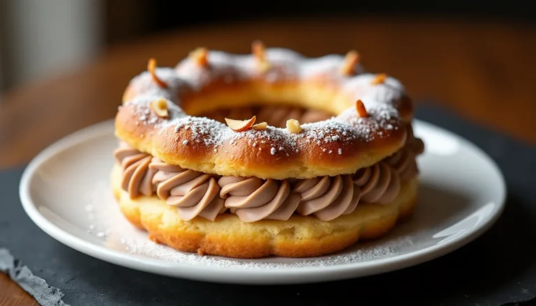 Recette Paris-Brest réalisée par le chef Karim Benali, couronne de pâte à choux garnie de crème mousseline pralinée et d'amandes effilées grillées
