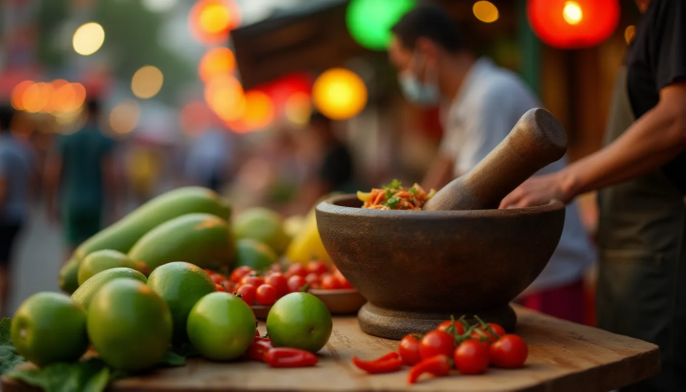 Préparation traditionnelle du som tam thaïlandais au mortier en argile avec des ingrédients frais disposés autour, évoquant l'authenticité de la cuisine de rue thaïlandaise