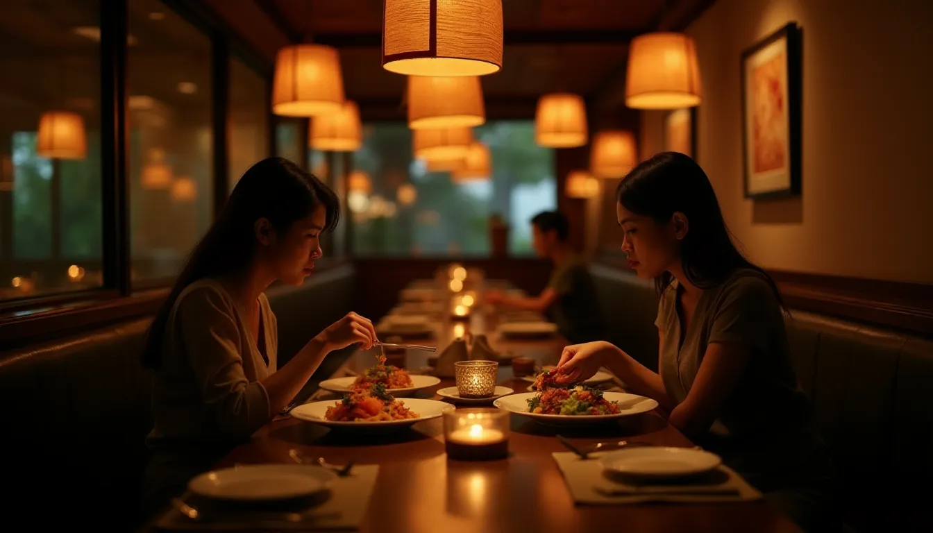 Intérieur chaleureux et intimiste d'un restaurant thaï avec éclairage ambré, décorations en soie traditionnelle et convives partageant des plats, illustrant l'ambiance du restaurant thaï Moom Mam