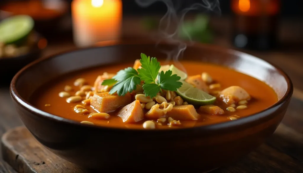 Curry massaman du restaurant thaï Moom Mam servi dans un bol en céramique artisanale, garni d'herbes fraîches et de cacahuètes grillées, photographié en lumière dorée