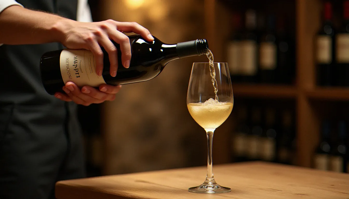 Sommelier versant un bourgogne vin blanc doré dans un grand verre à dégustation, cave voûtée en pierre avec rangées de bouteilles bourguignonnes en arrière-plan