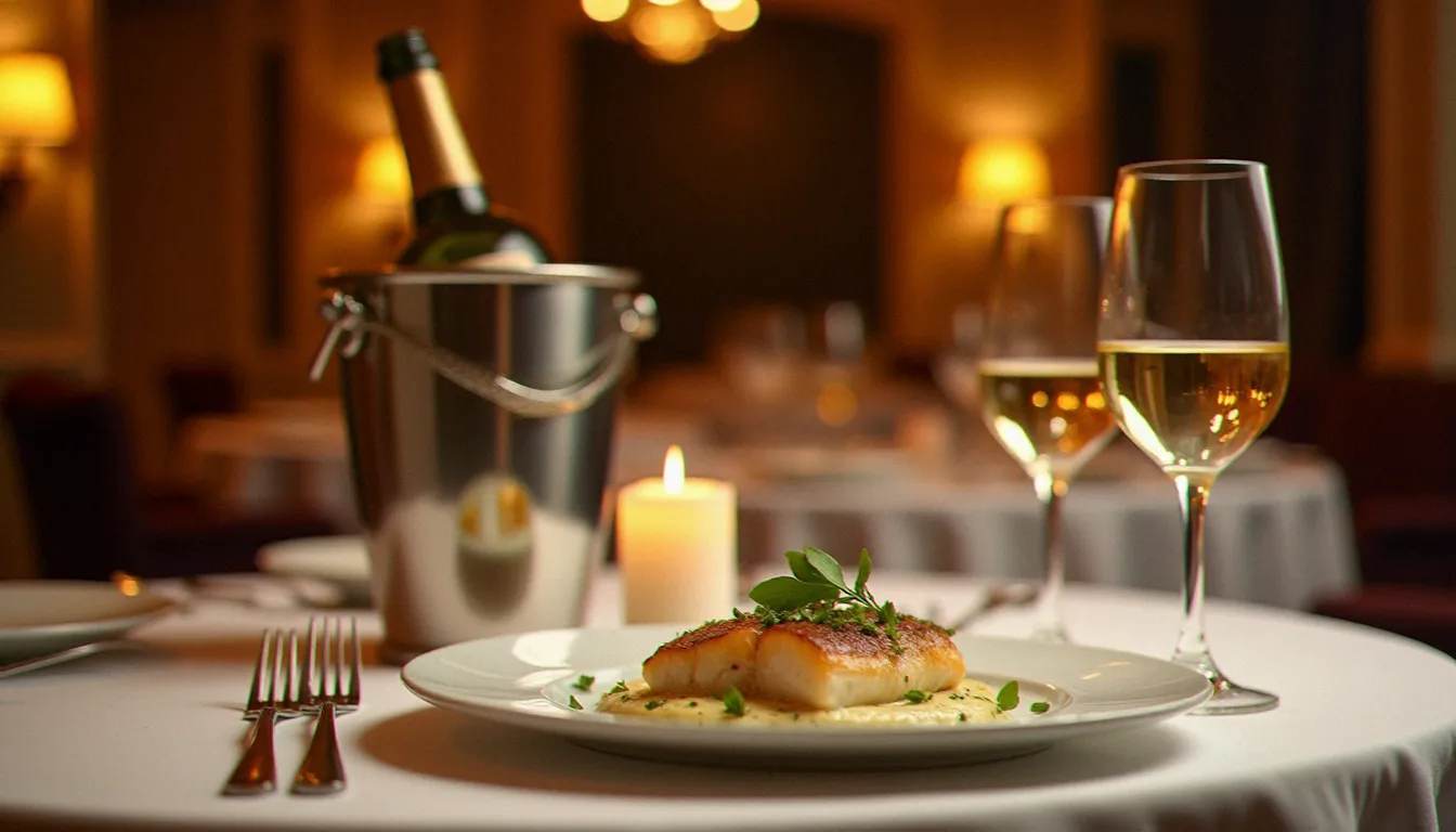 Table de restaurant gastronomique avec accord mets-vins autour d'un bourgogne vin blanc, bouteille dans un seau à glace et filet de bar sauce crème, ambiance intimiste aux chandelles
