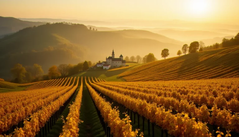 Vignobles de Bourgogne en automne avec rangées de chardonnay dorées sur collines calcaires près de Meursault, typiques des zones de production de bourgogne vin blanc