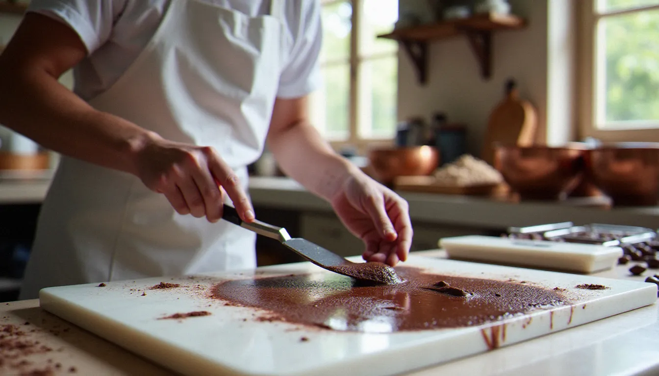 Chocolatier artisan breton en train de tempérer le chocolat brest sur un marbre dans son atelier, entouré de fèves de cacao torréfiées