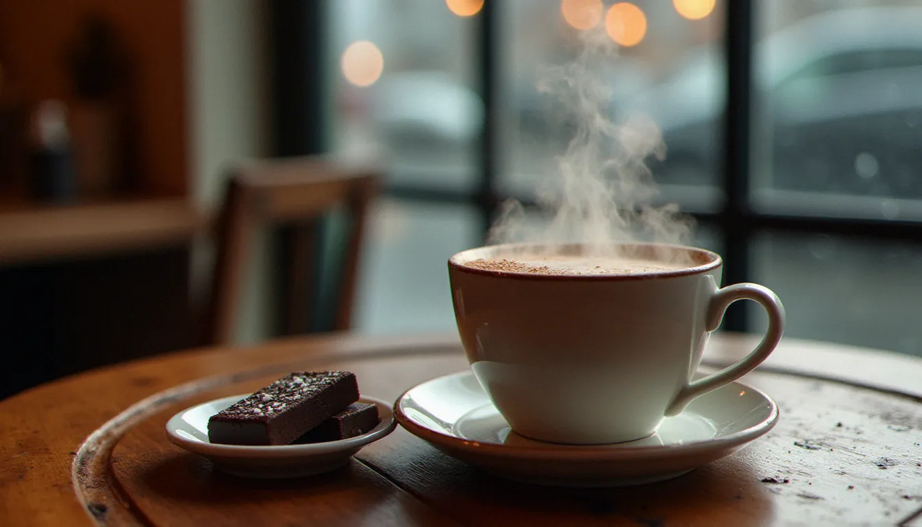 Tasse fumante de chocolat chaud à la brestoise dans un café de Brest sous la pluie, accompagnée de morceaux de chocolat artisanal et de fleur de sel