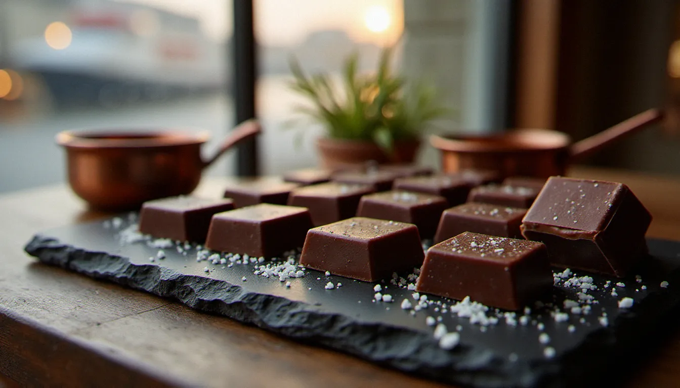 Tablettes de chocolat noir artisanal brestois sur une ardoise avec fleur de sel du Finistère, la rade de Brest visible en arrière-plan, évoquant la tradition du chocolat brest