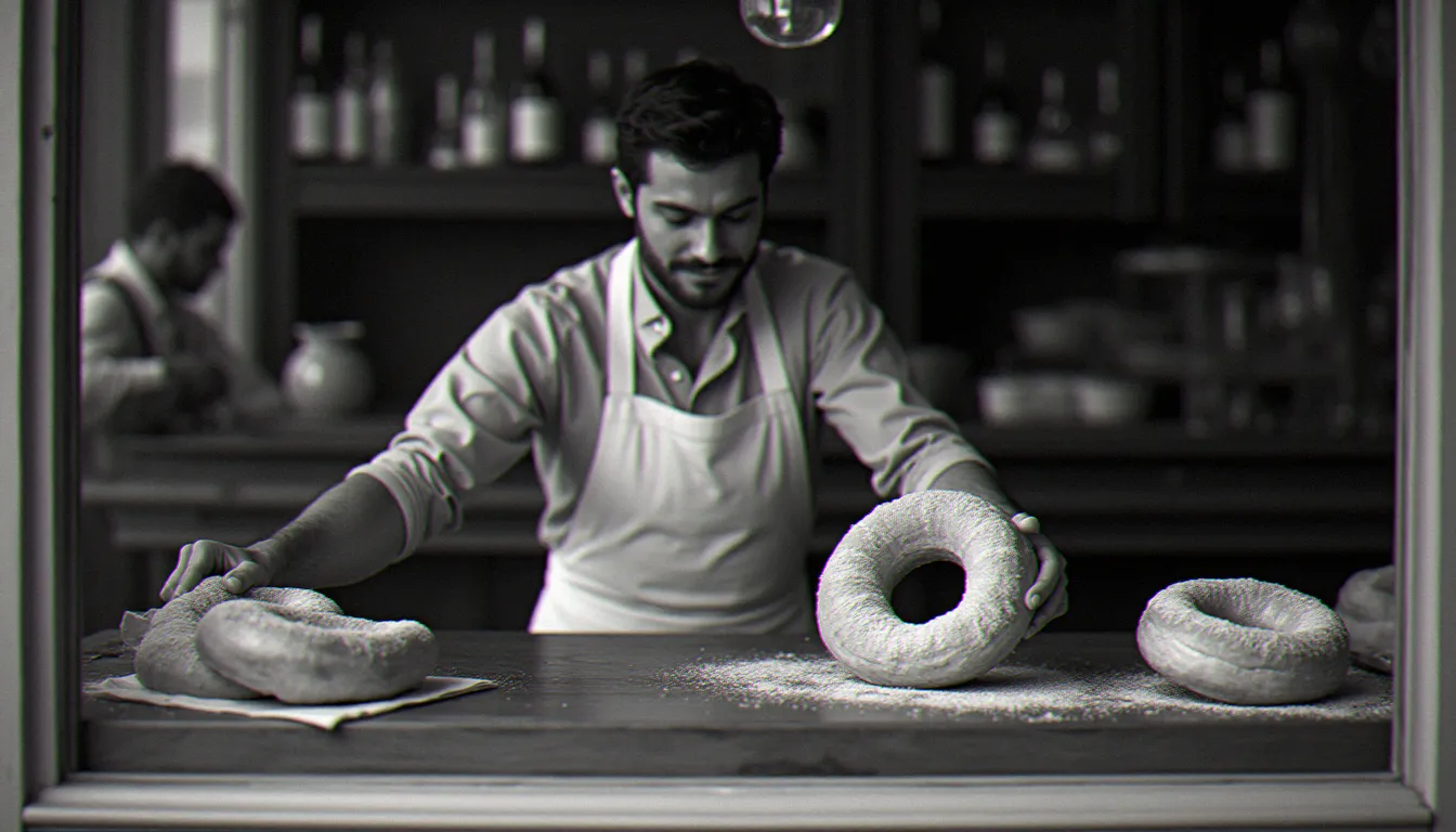 Reconstitution d'une pâtisserie parisienne du début du XXe siècle avec un Paris-Brest en couronne posé sur le comptoir, évoquant les origines historiques du dessert