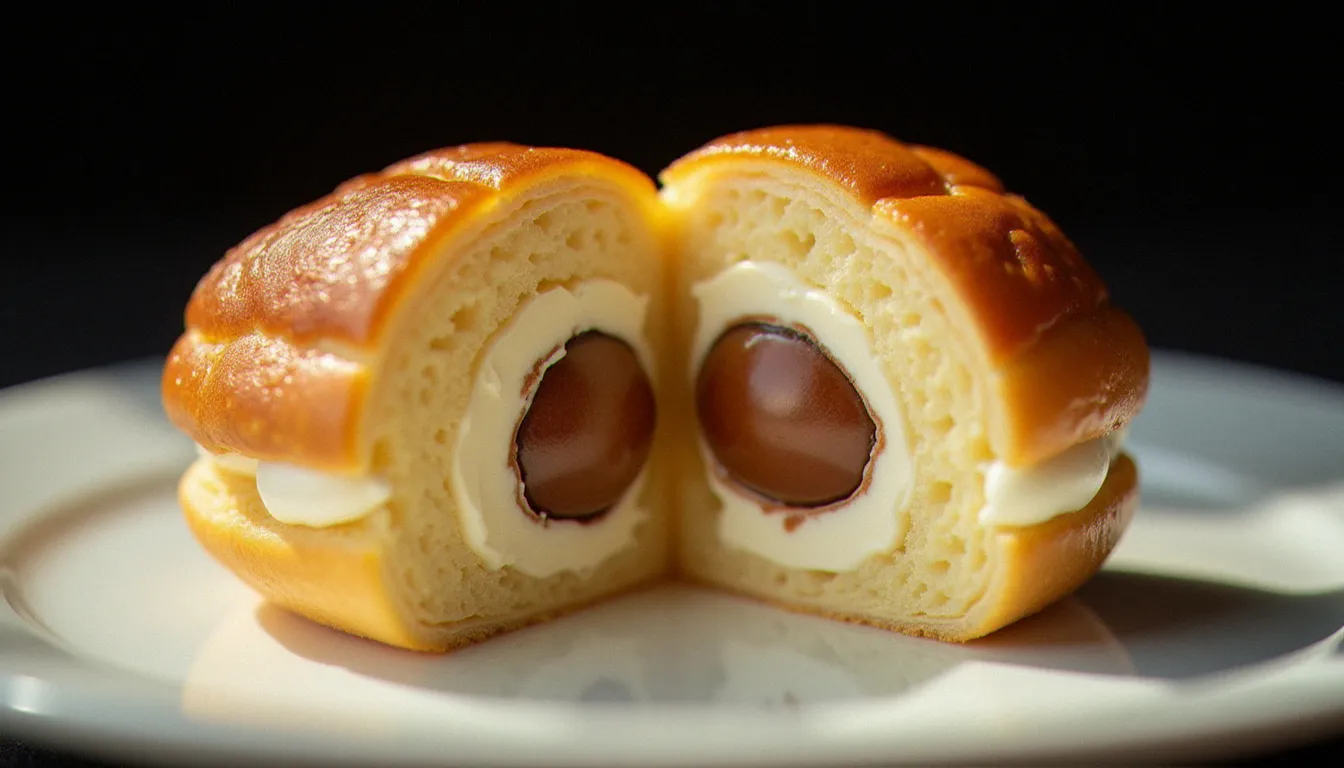 Coupe transversale d'un choux Paris-Brest individuel révélant l'insert de praliné pur au centre entouré de crème légère pralinée, montrant l'architecture intérieure caractéristique du conticini paris brest