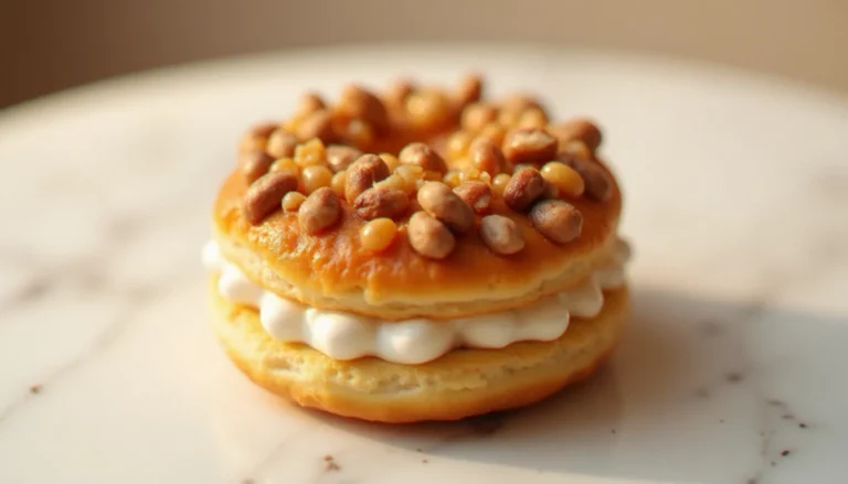 Un Paris-Brest individuel revisité selon la technique Conticini, avec sa pâte à choux dorée, ses noisettes caramélisées et sa crème pralinée aérienne visible en coupe