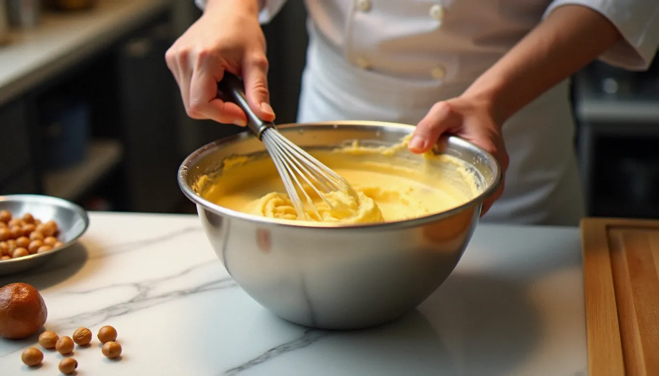 Mains de chef fouettant la crème mousseline praliné dans un grand bol inox sur plan de travail en marbre, noisettes torréfiées et pâte de praliné visible en arrière-plan