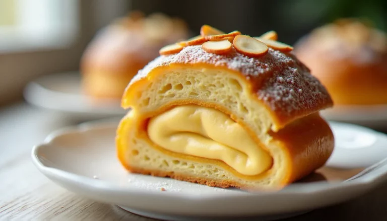 Coupe transversale d'un Paris-Brest révélant la crème du Paris-Brest praliné mousseline dorée et généreuse, sur assiette blanche avec amandes effilées torréfiées