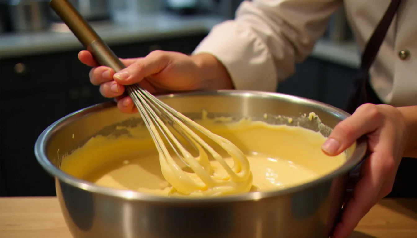 Mains de chef fouettant une crème mousseline praliné dans un bol inox, cuisine professionnelle en arrière-plan
