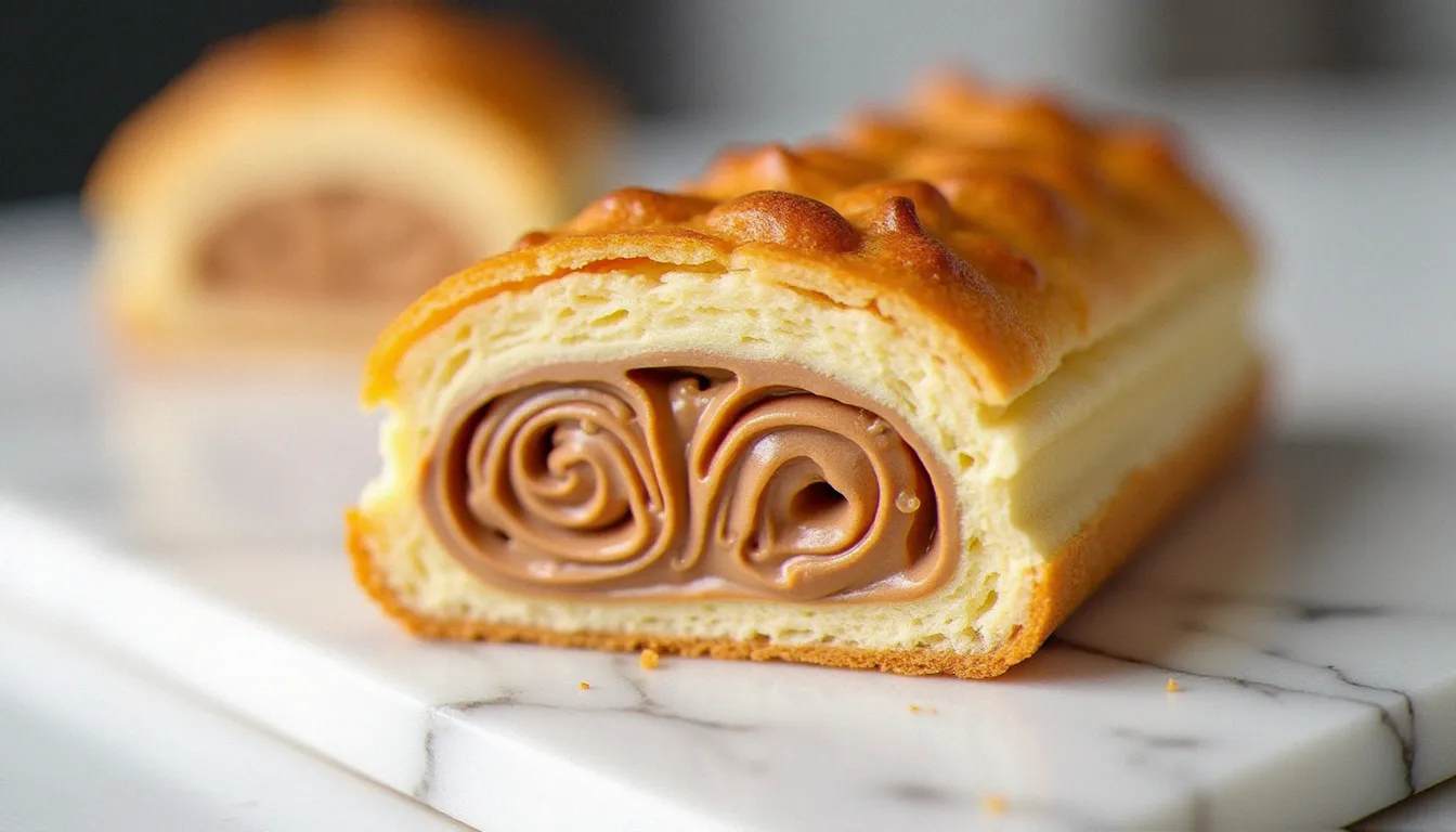 Coupe transversale d'un paris-brest garni de crème mousseline praliné aux noisettes, posé sur marbre blanc en lumière naturelle