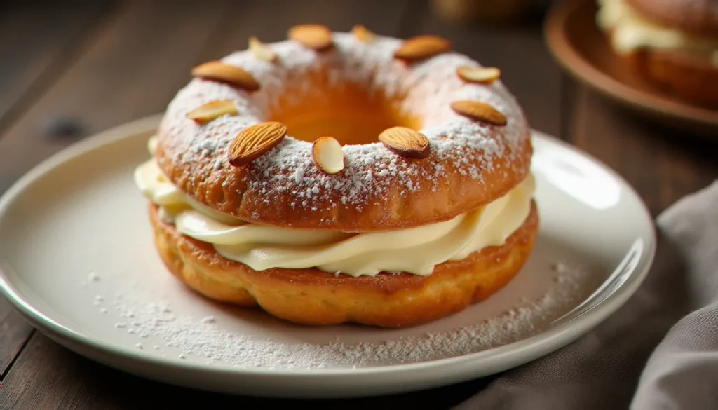 Un Paris-Brest doré garni de crème paris brest pralinée généreuse et amandes effilées torréfiées, sur une assiette en céramique blanche