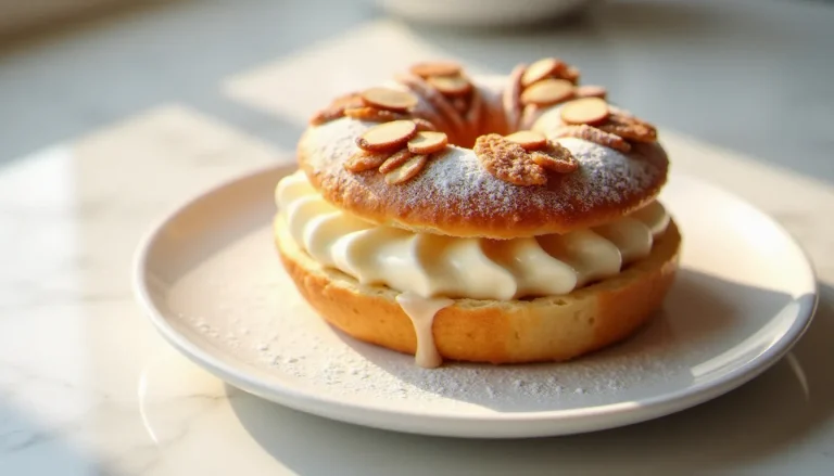 Dessert paris brest artisanal posé sur une assiette blanche, garni de crème mousseline pralinée et d'amandes effilées grillées, photographié en lumière naturelle douce
