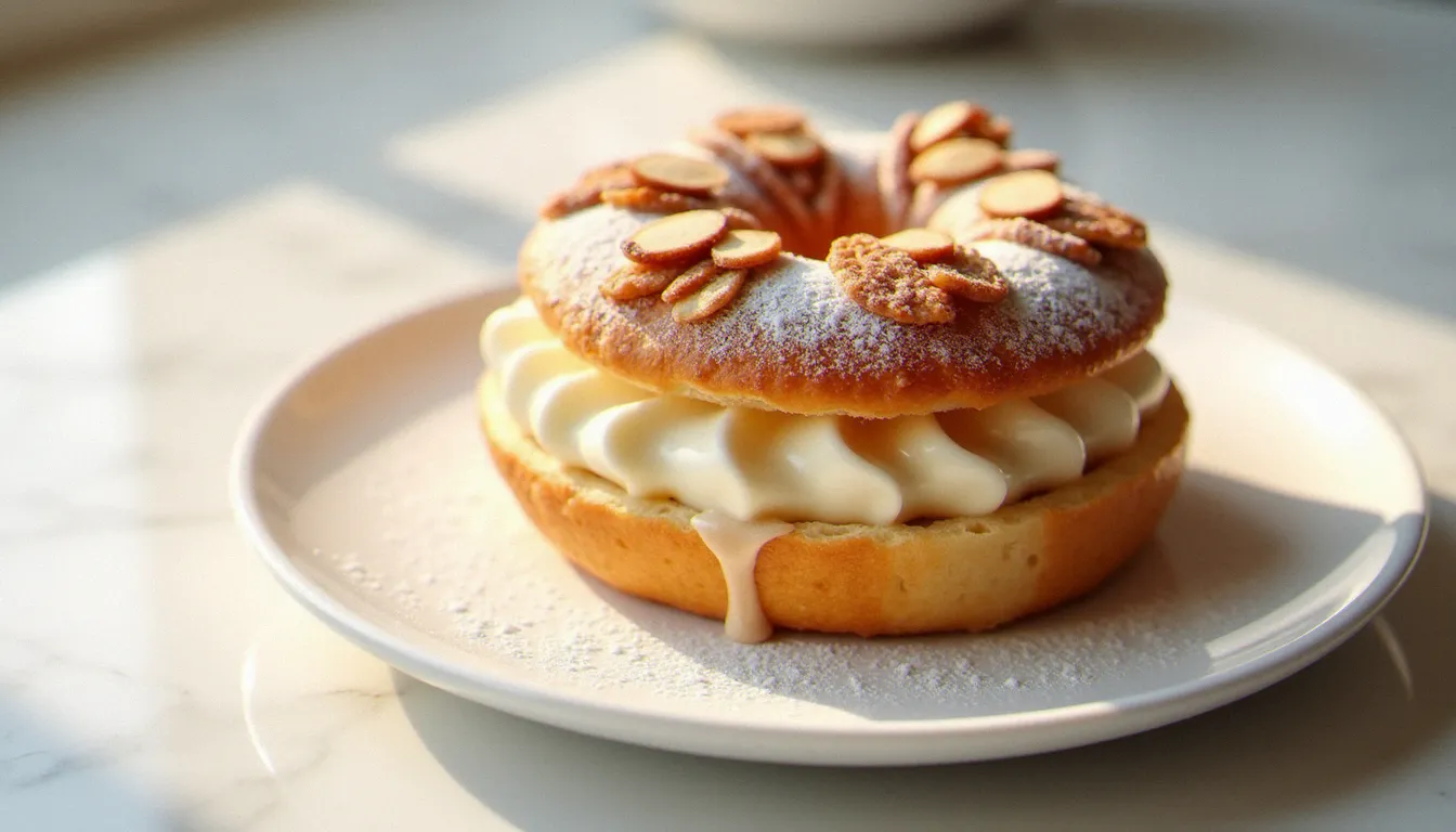 Dessert paris brest artisanal posé sur une assiette blanche, garni de crème mousseline pralinée et d'amandes effilées grillées, photographié en lumière naturelle douce