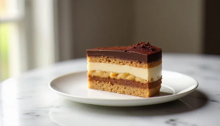 Gâteau le Trianon entier aux trois couches distinctes — dacquoise amande, praliné feuilletine et mousse au chocolat noir saupoudrée de cacao — photographié en style pâtisserie française sur marbre blanc