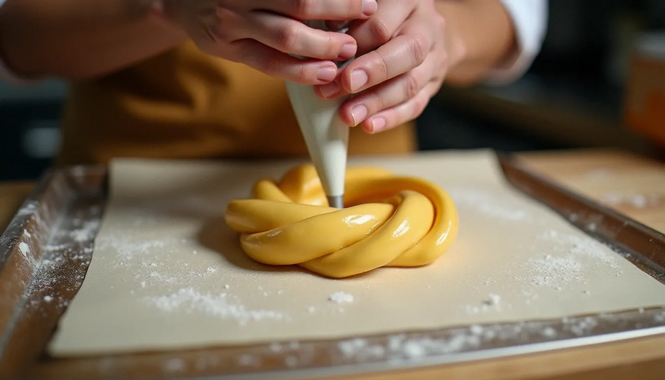 Mains de pâtissier pochant une couronne de pâte à choux sur papier cuisson dans une cuisine professionnelle