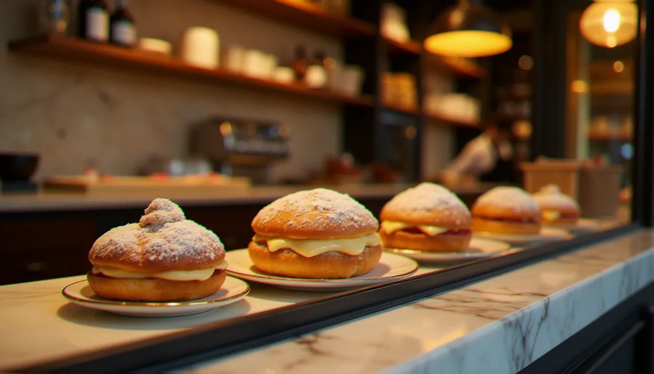 Vitrine d'une pâtisserie française avec un grand gateau Paris Brest et des versions individuelles sur comptoir en marbre, ambiance lumineuse et chaleureuse