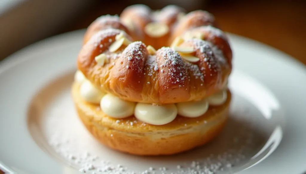 Un gateau Paris Brest artisanal sur assiette blanche, garni de crème pralinée et d'amandes effilées grillées saupoudrées de sucre glace
