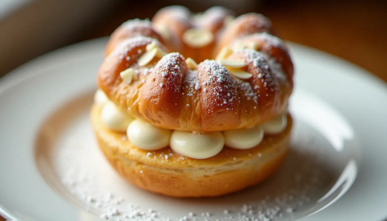 Un gateau Paris Brest artisanal sur assiette blanche, garni de crème pralinée et d'amandes effilées grillées saupoudrées de sucre glace